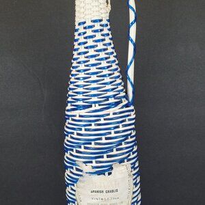 Vintage 1964 Spanish Blue Wicker-Wrapped Glass Wine Bottle with Lid - Rustic Spa